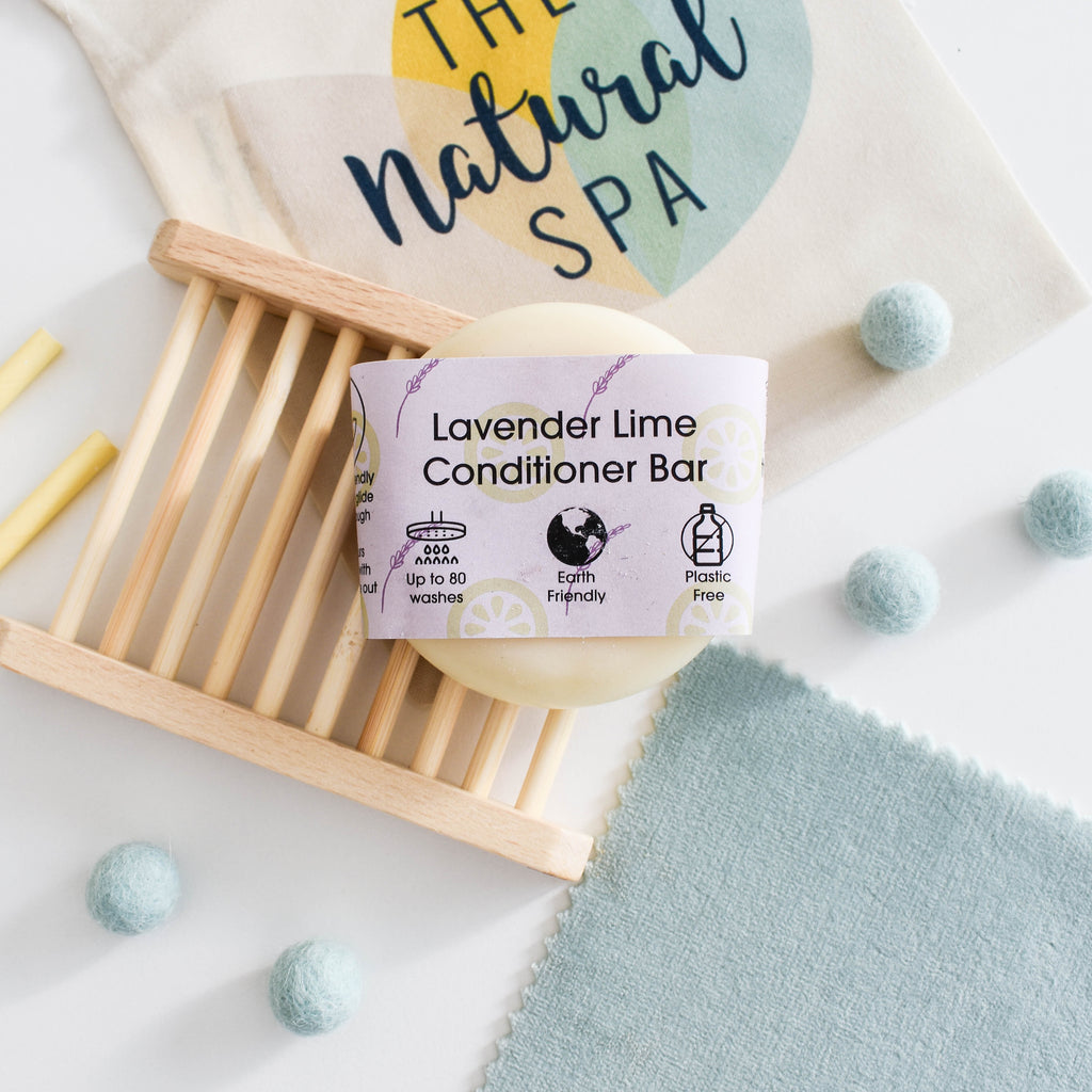 Lavender and lime solid conditioner bar in plastic-free packaging for eco-friendly natural hair care