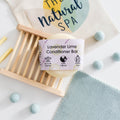 Lavender and lime solid conditioner bar in plastic-free packaging for eco-friendly natural hair care