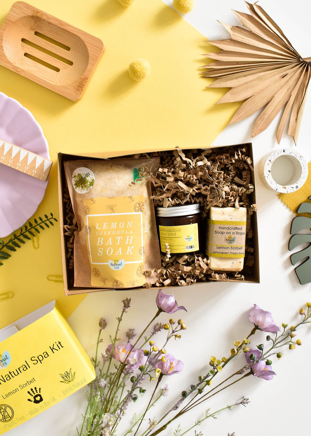 Lemon sorbet home spa gift set with natural wax candle, bath soak, and handmade soap — view 5