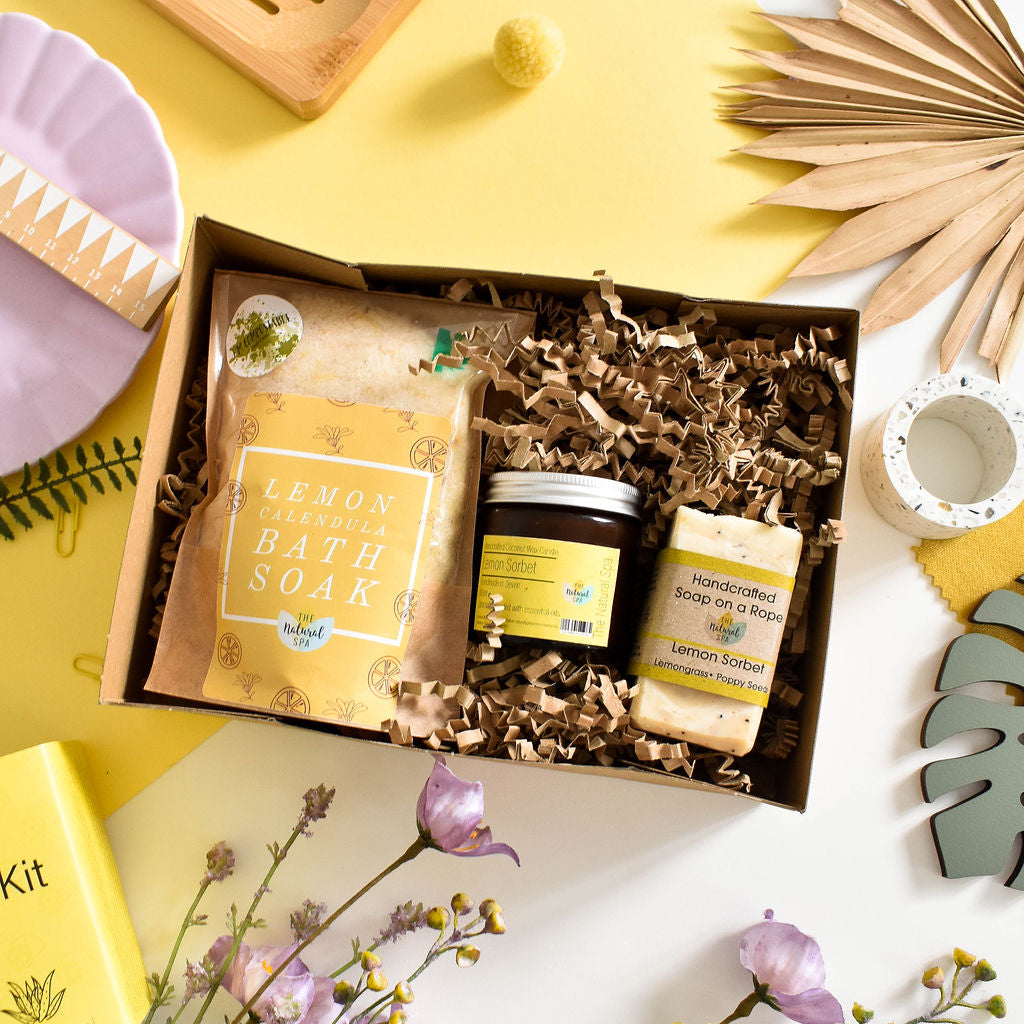 Lemon sorbet home spa gift set with natural wax candle, bath soak, and handmade soap