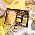 Lemon sorbet home spa gift set with natural wax candle, bath soak, and handmade soap