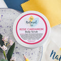 Rose and Cardamom natural body scrub in a 200g eco-friendly tin container