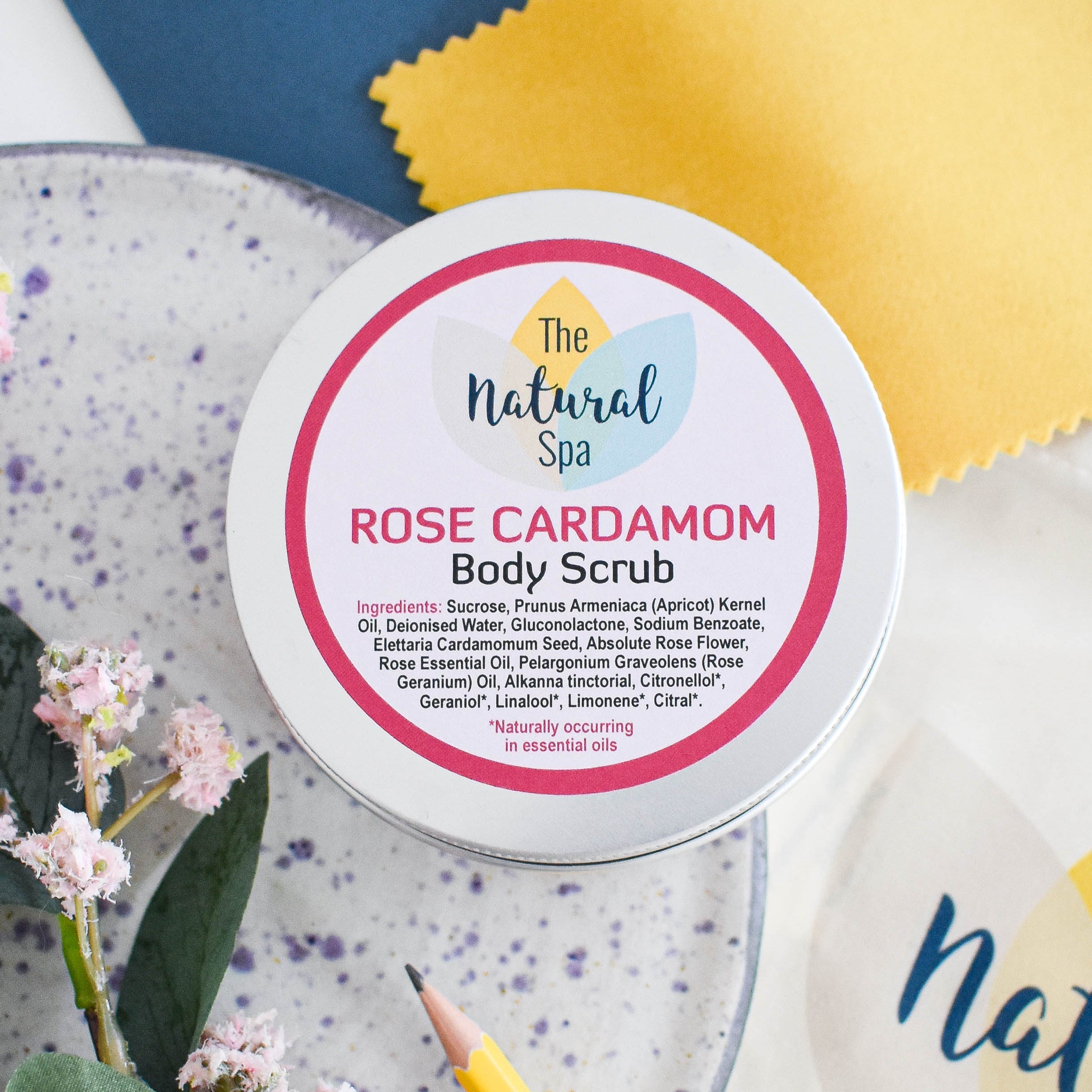 Rose and Cardamom natural body scrub in a 200g eco-friendly tin container