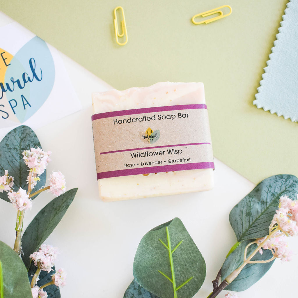 Wildflower wisp cold process soap bar with natural pink clay and oats in plastic free packaging — view 3