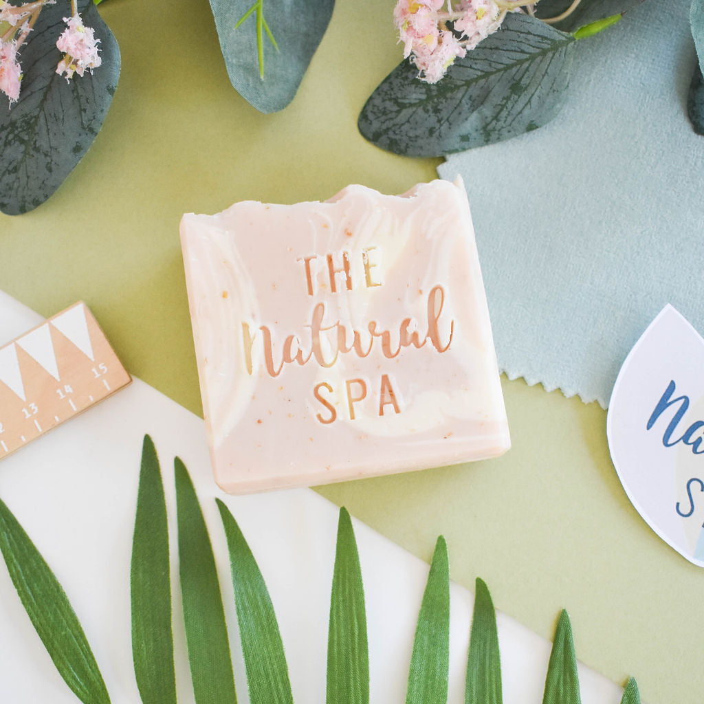 Wildflower wisp cold process soap bar with natural pink clay and oats in plastic free packaging