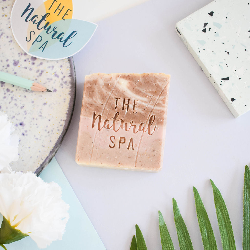 Patchouli and rose natural handcrafted vegan soap bar with rustic botanical texture and clay finish — view 3