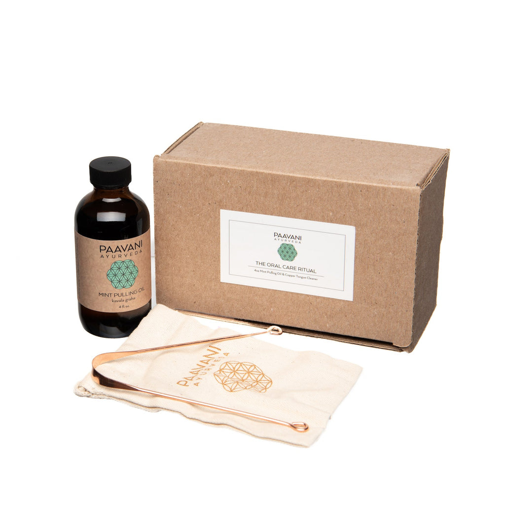 Mint oral care ritual kit featuring pulling oil bottle copper tongue cleaner and cloth travel pouch — view 2