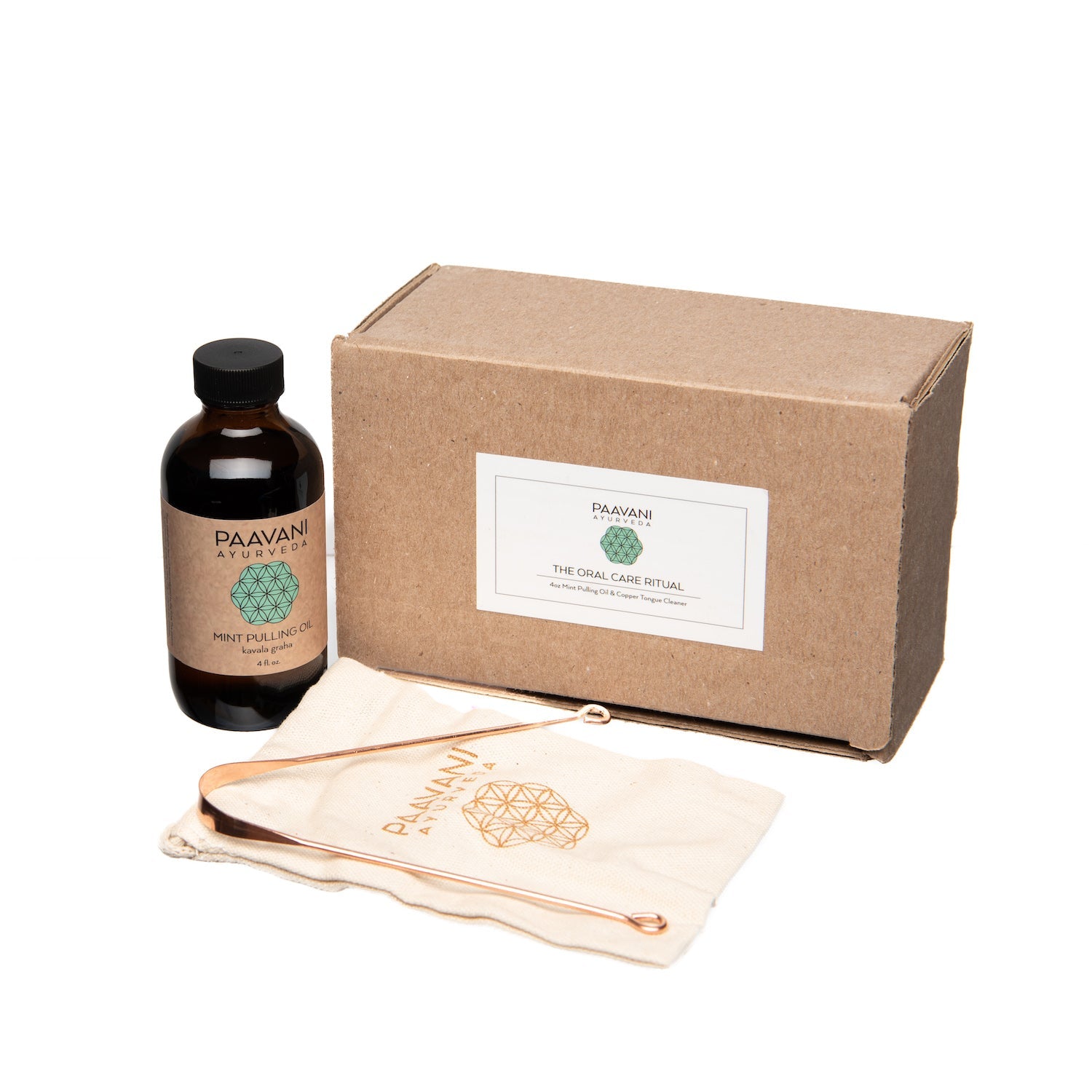 Mint oral care ritual kit featuring pulling oil bottle copper tongue cleaner and cloth travel pouch — view 2
