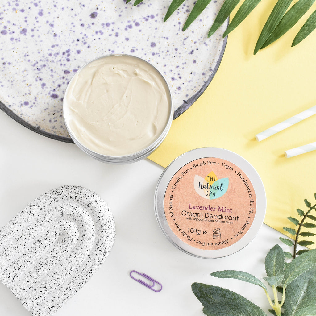Lavender mint natural cream deodorant balm in a plastic-free sustainable metal travel tin