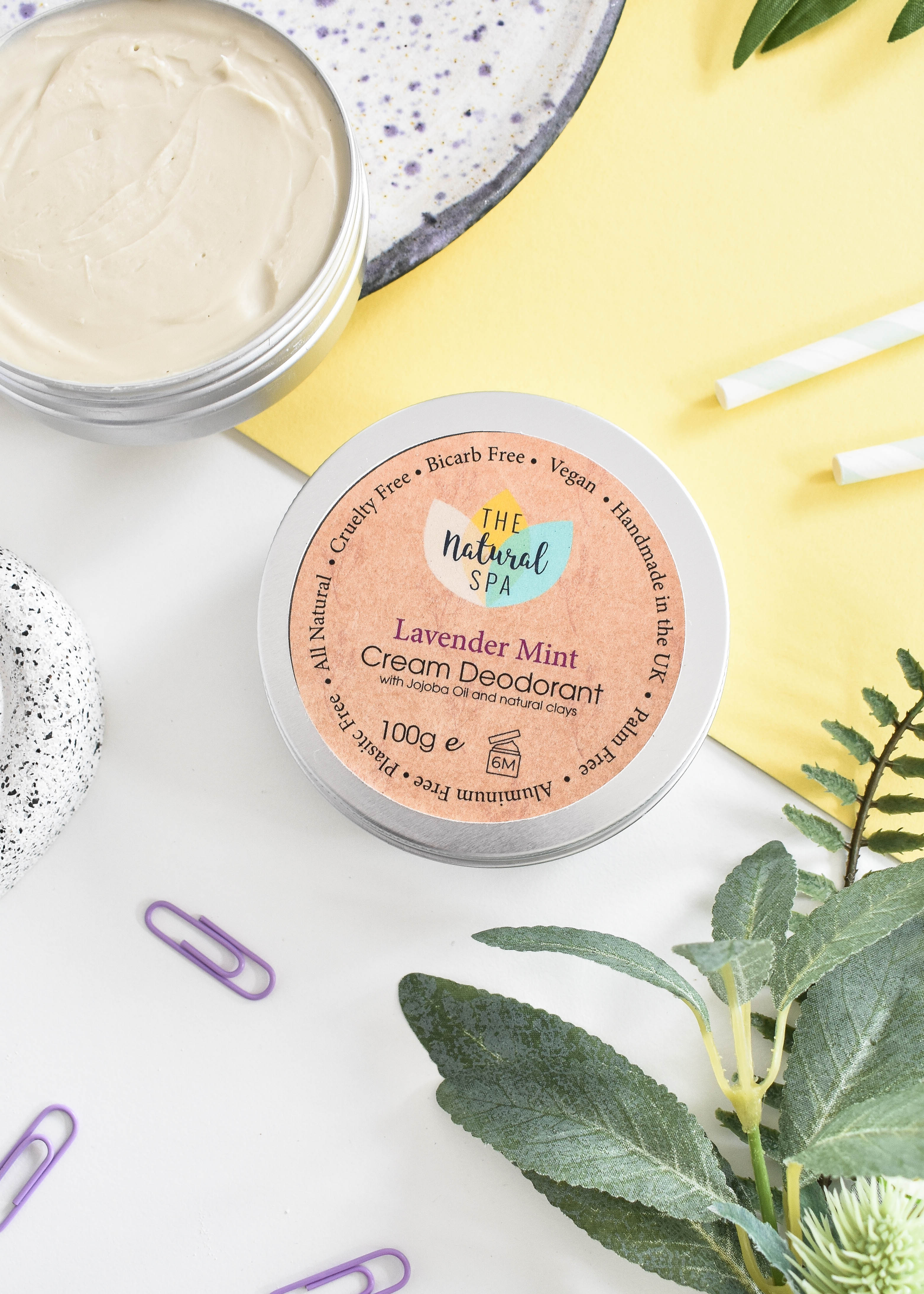 Lavender mint natural cream deodorant balm in a plastic-free sustainable metal travel tin — view 3