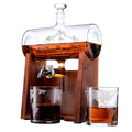 Whiskey and wine ship decanter set with tasting glasses, stainless spigot, and mahogany wood stand