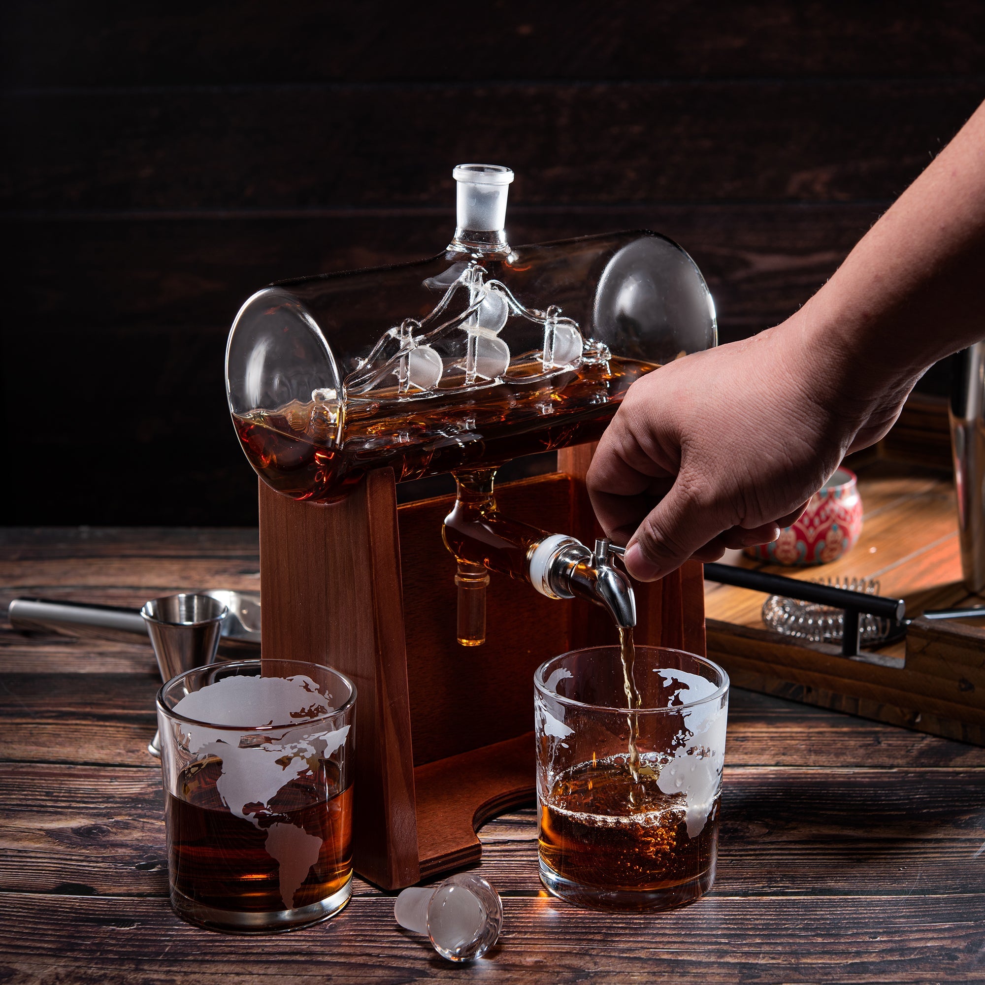 Whiskey and wine ship decanter set with tasting glasses, stainless spigot, and mahogany wood stand — view 5
