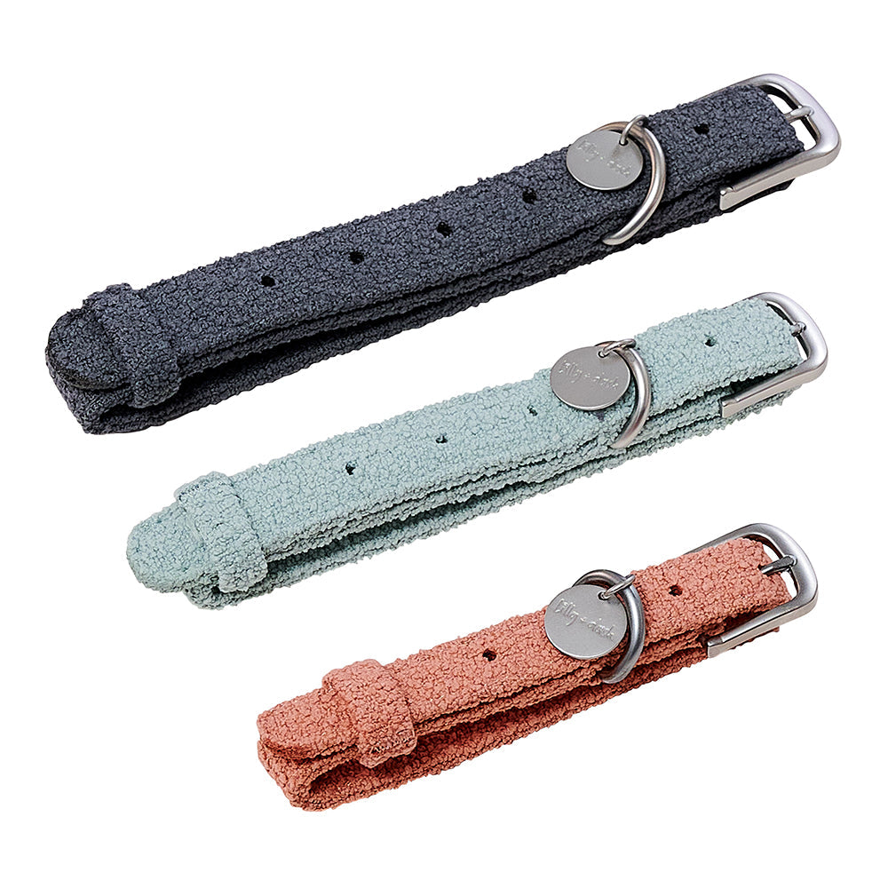 Boucle dog collar in soft textured polyester with metal hardware and engravable ID tag attached — view 3