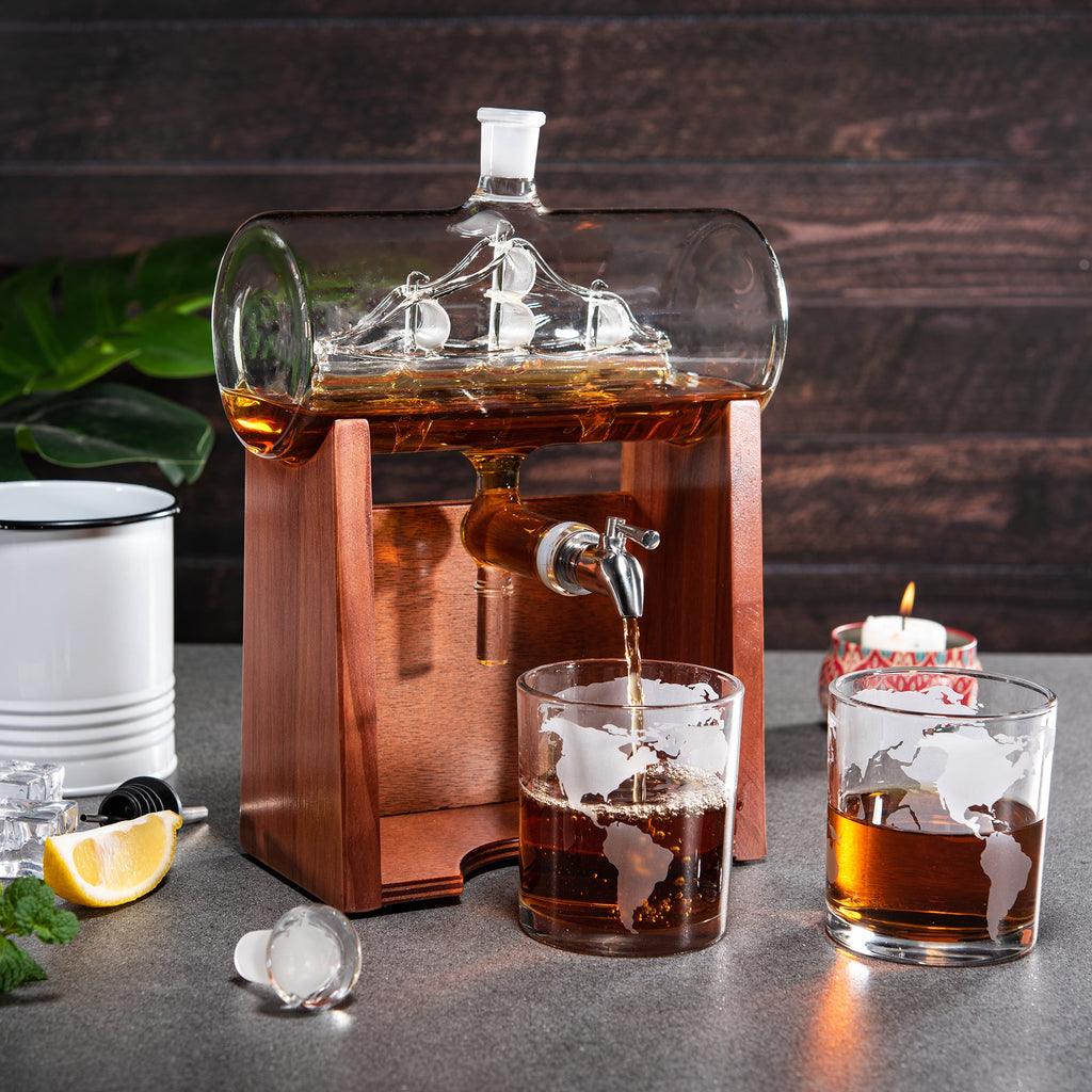 Whiskey and wine ship decanter set with tasting glasses, stainless spigot, and mahogany wood stand — view 4