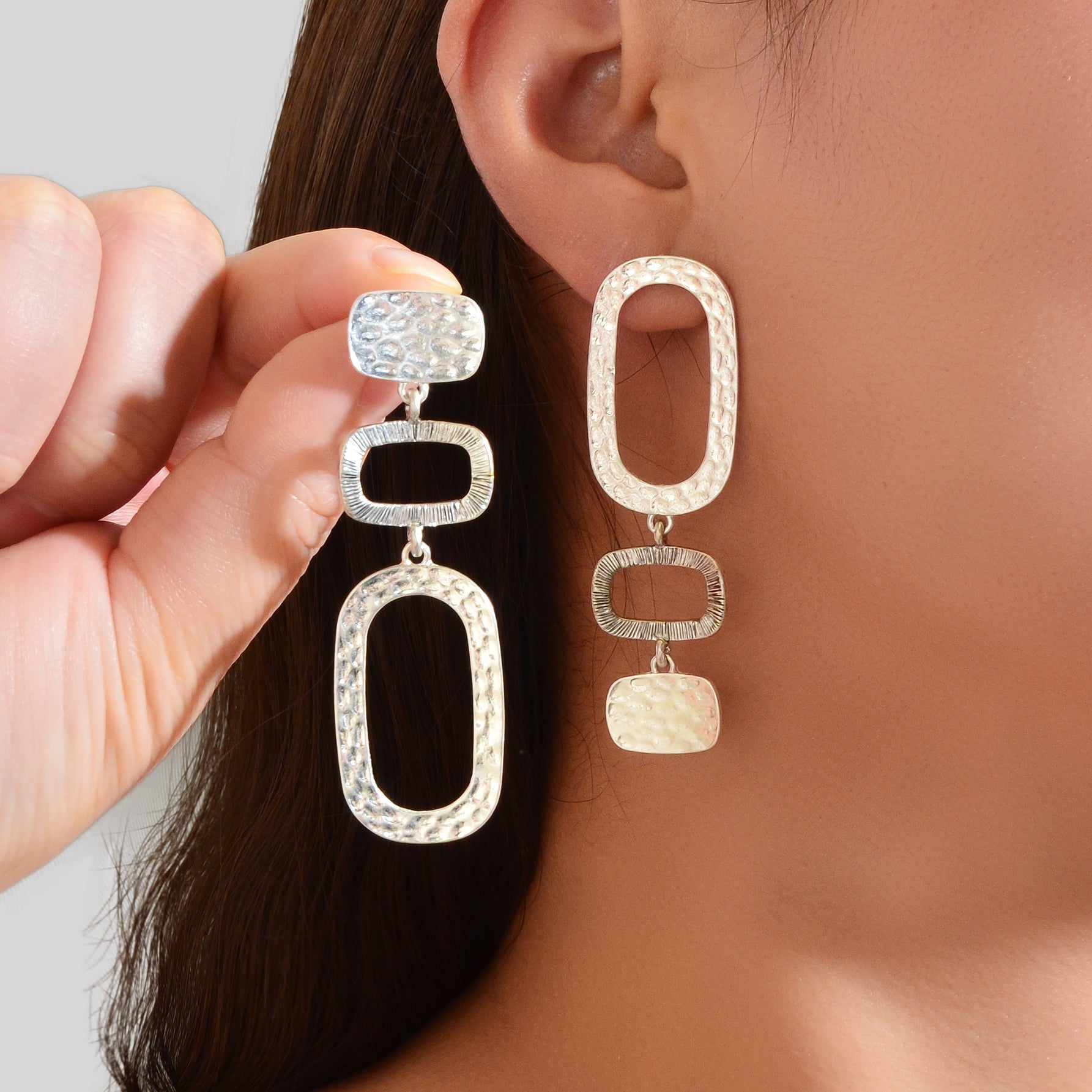 Square geometric dangle earrings featuring a minimalist metallic pendant design for daily office wear — view 2