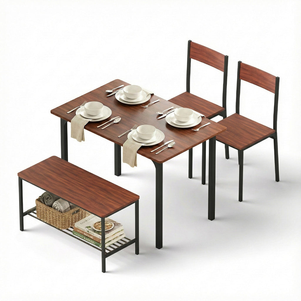 Artiss 4-piece industrial dining set in walnut finish featuring table two chairs and storage bench