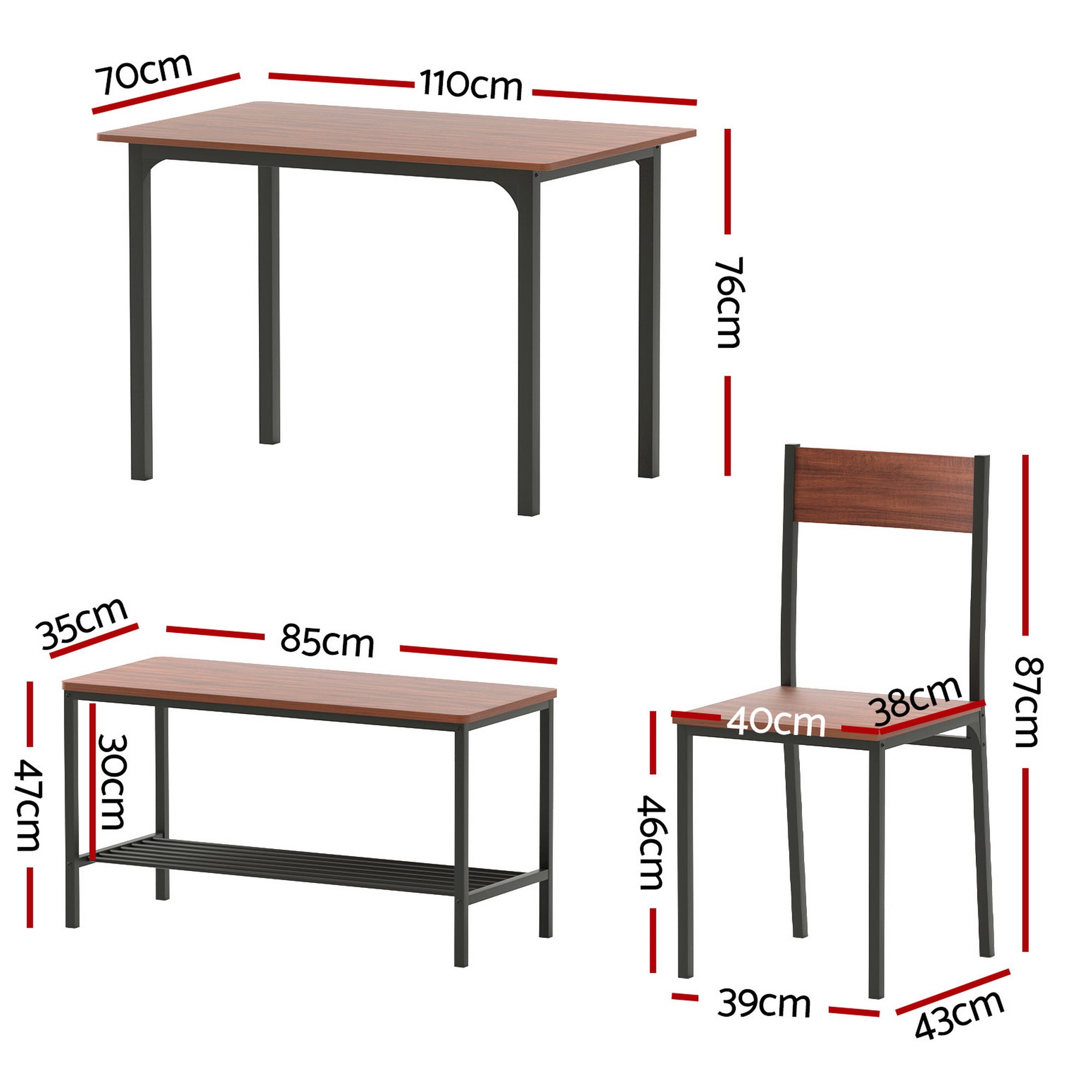 Artiss 4-piece industrial dining set in walnut finish featuring table two chairs and storage bench — view 2