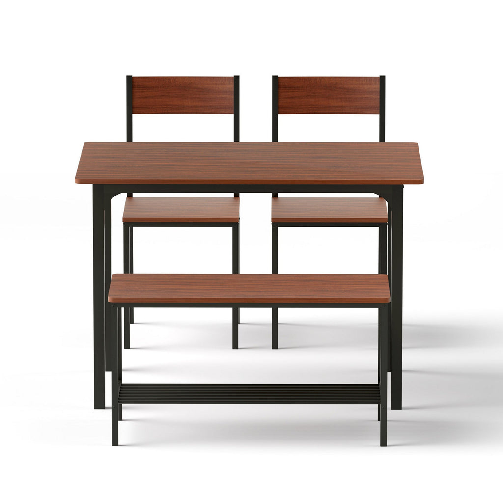 Artiss 4-piece industrial dining set in walnut finish featuring table two chairs and storage bench — view 3