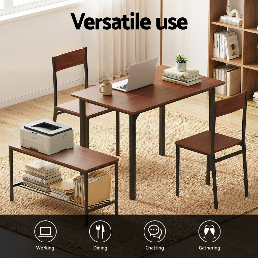 Artiss 4-piece industrial dining set in walnut finish featuring table two chairs and storage bench — view 4