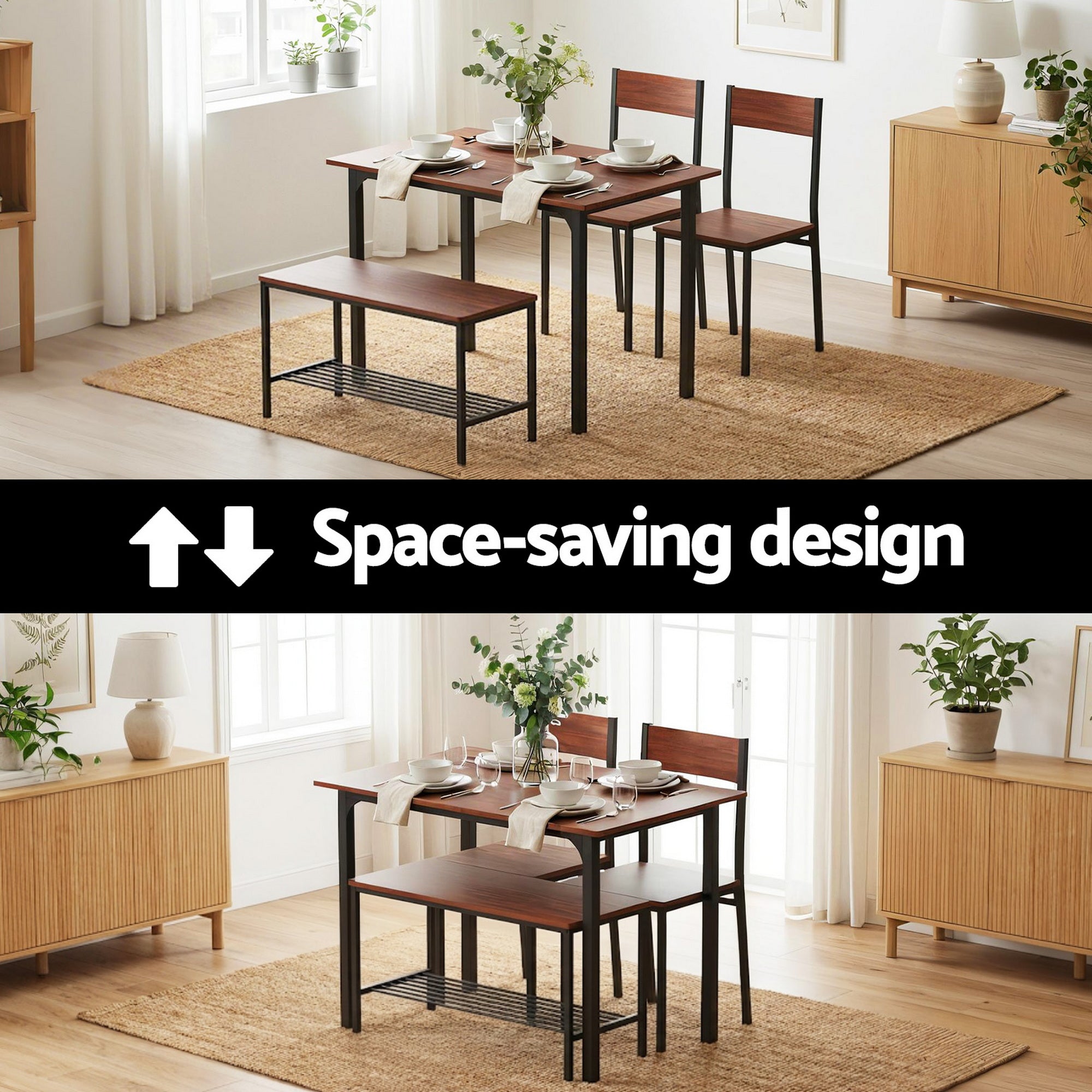 Artiss 4-piece industrial dining set in walnut finish featuring table two chairs and storage bench — view 5