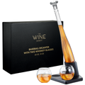 Glass baseball bat whiskey decanter set with two glasses on a home plate wooden stand