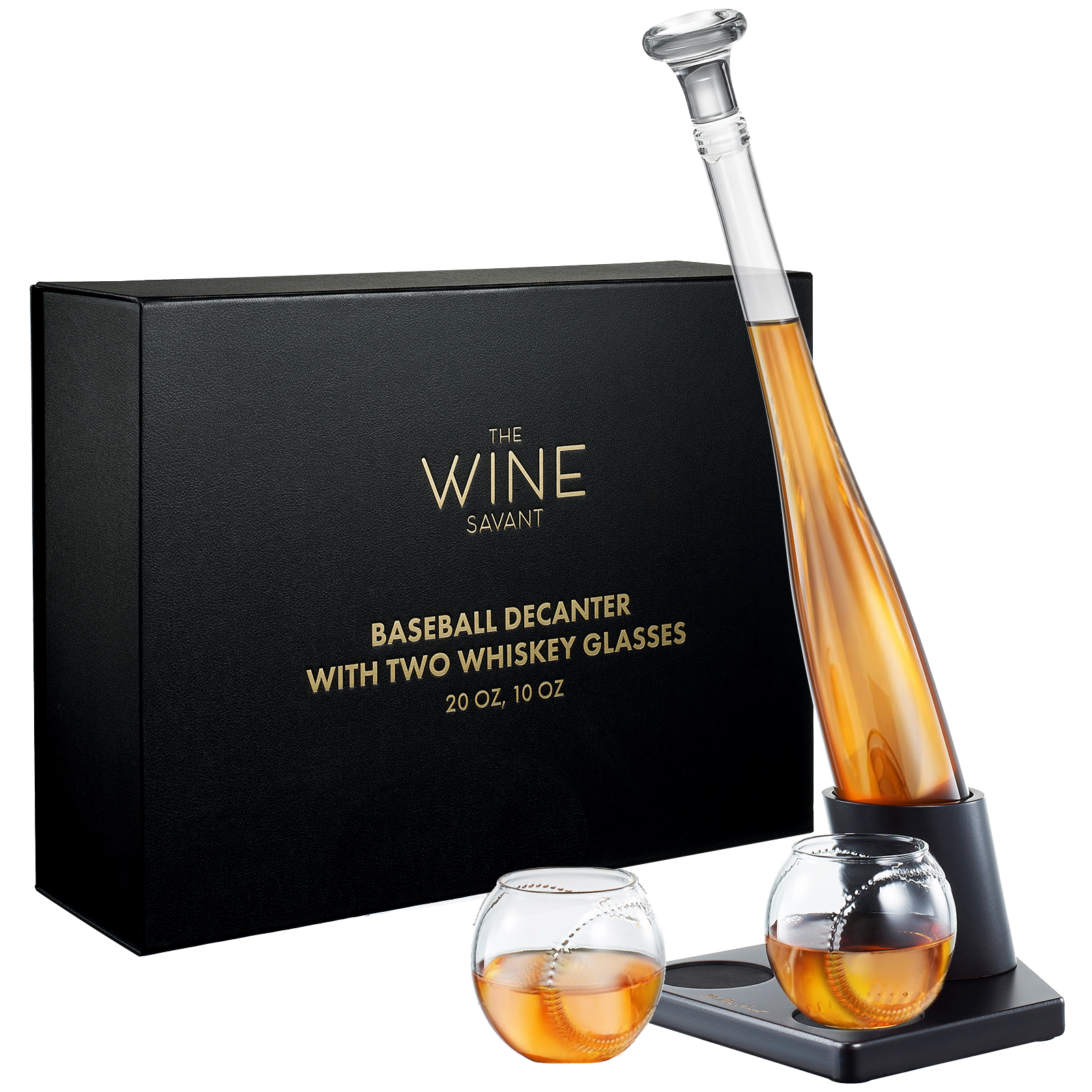 Glass baseball bat whiskey decanter set with two glasses on a home plate wooden stand