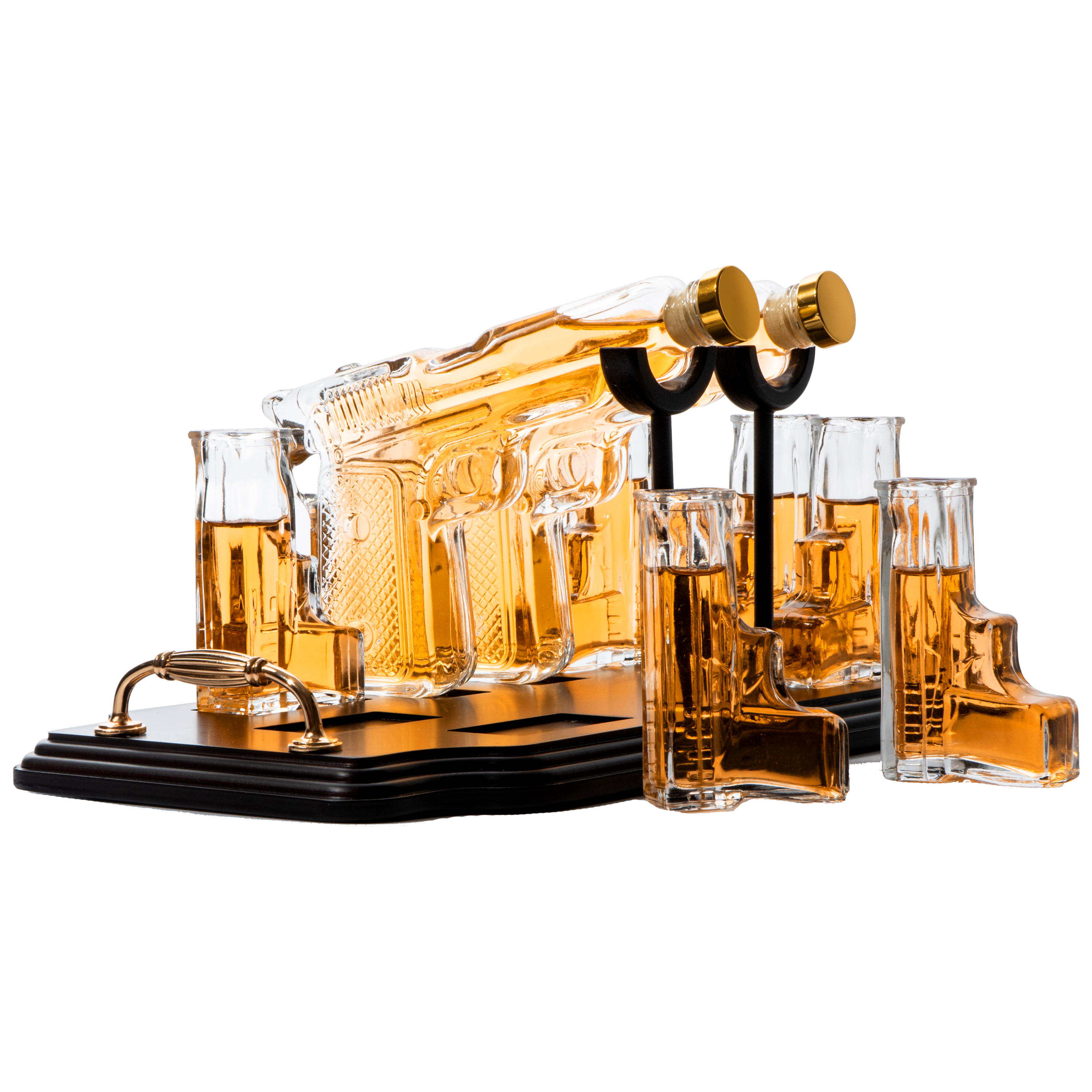 Double pistol whiskey decanter set with six shot glasses on a wooden display stand