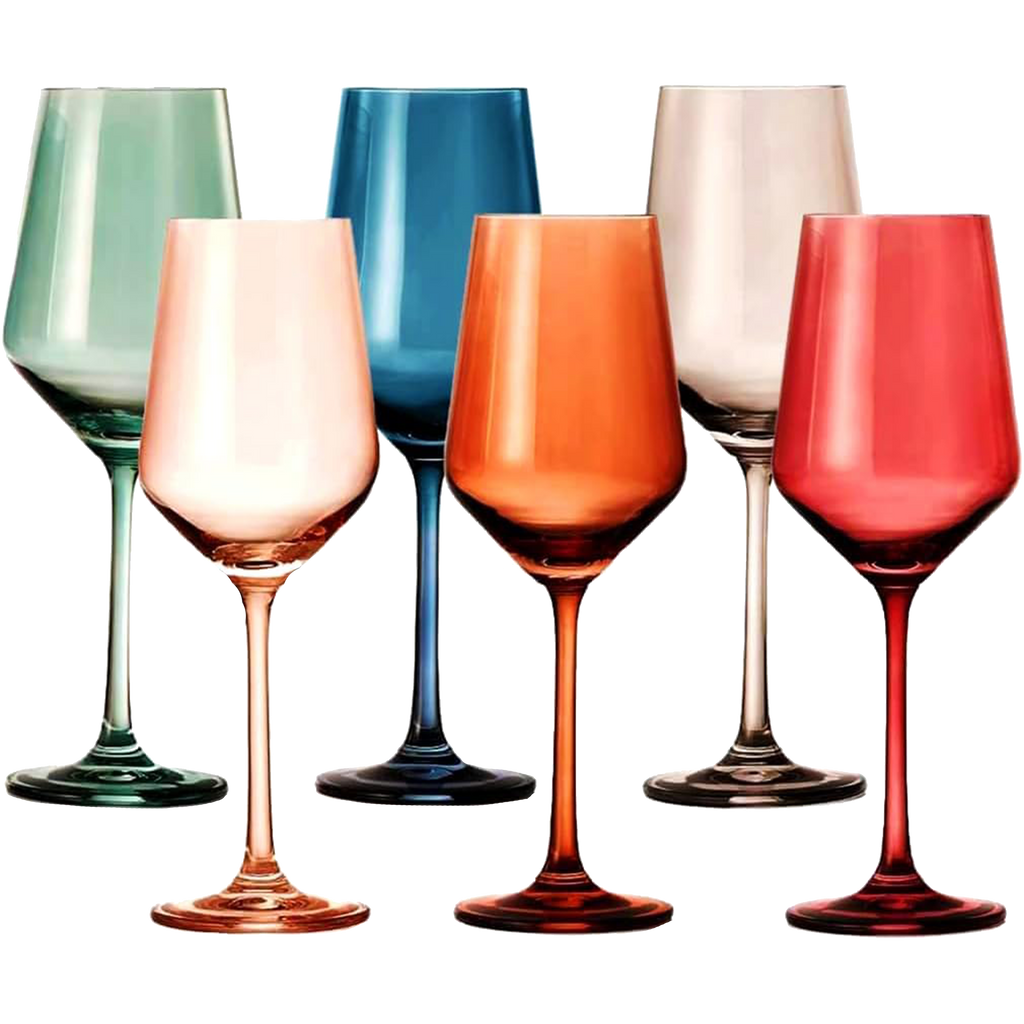 Pastel colored crystal wine glasses set of 6 in red blue tan grey green orange