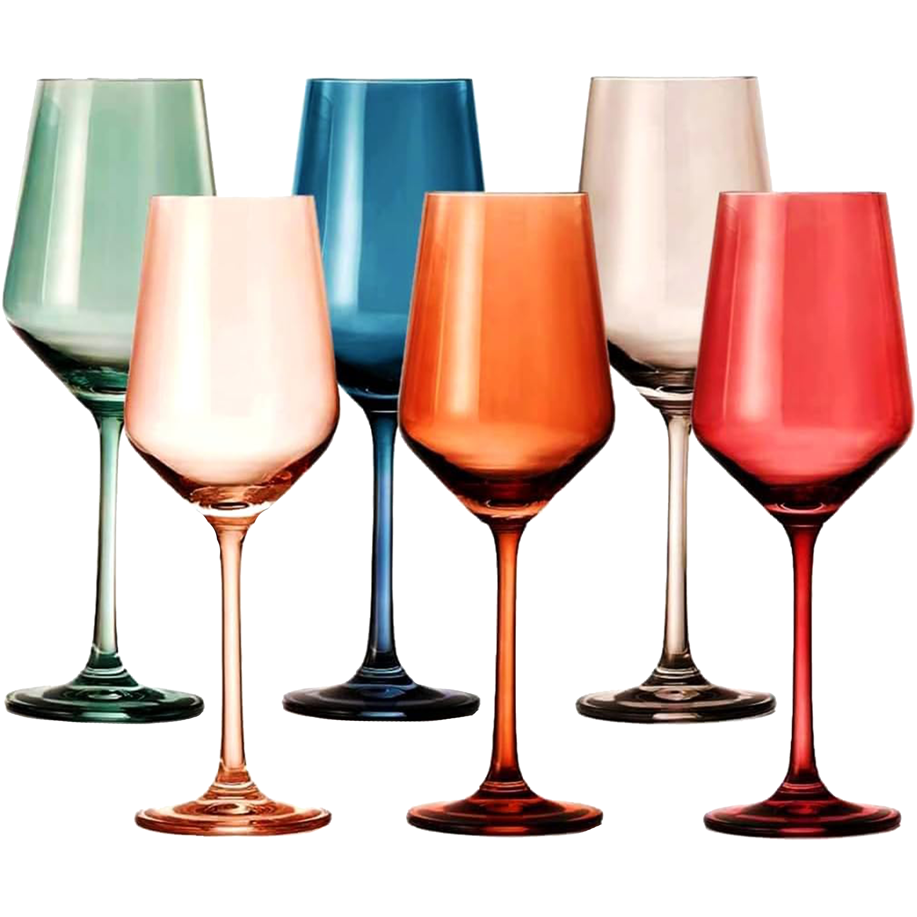 Pastel colored crystal wine glasses set of 6 in red blue tan grey green orange