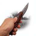 Damascus steel folding pocket knife with a two-tone rosewood and blackwood handle for everyday carry