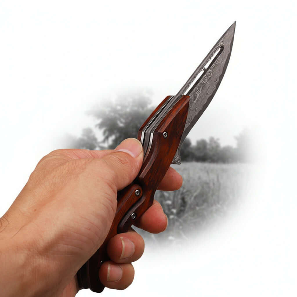 Damascus steel folding pocket knife with a two-tone rosewood and blackwood handle for everyday carry