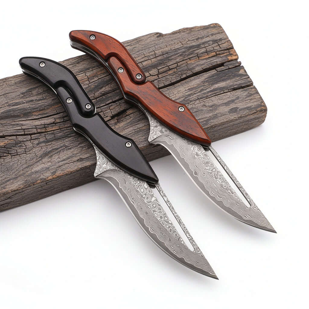Damascus steel folding pocket knife with a two-tone rosewood and blackwood handle for everyday carry — view 2