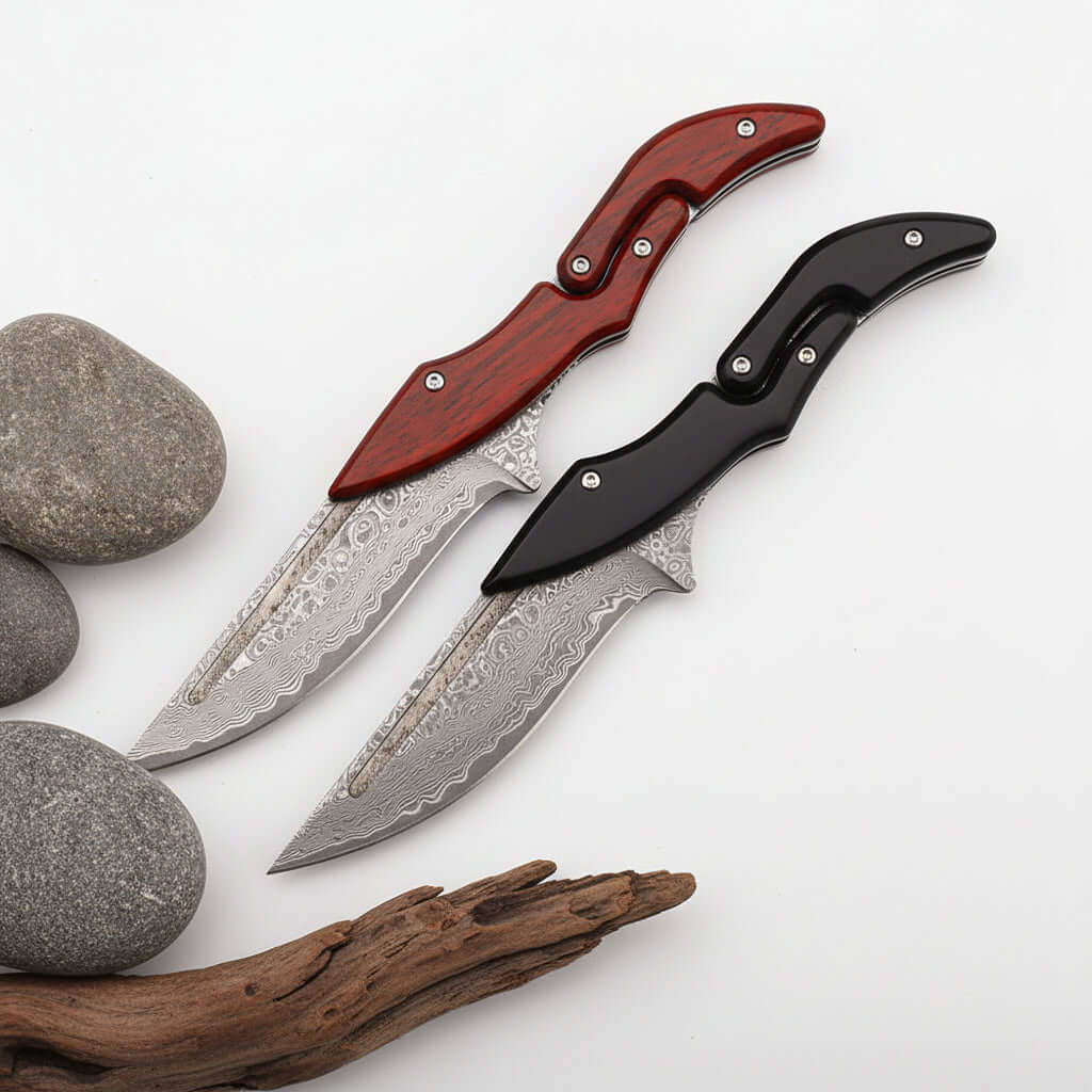 Damascus steel folding pocket knife with a two-tone rosewood and blackwood handle for everyday carry — view 3