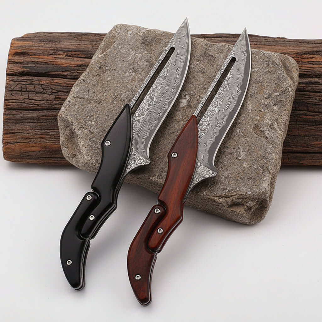 Damascus steel folding pocket knife with a two-tone rosewood and blackwood handle for everyday carry — view 4