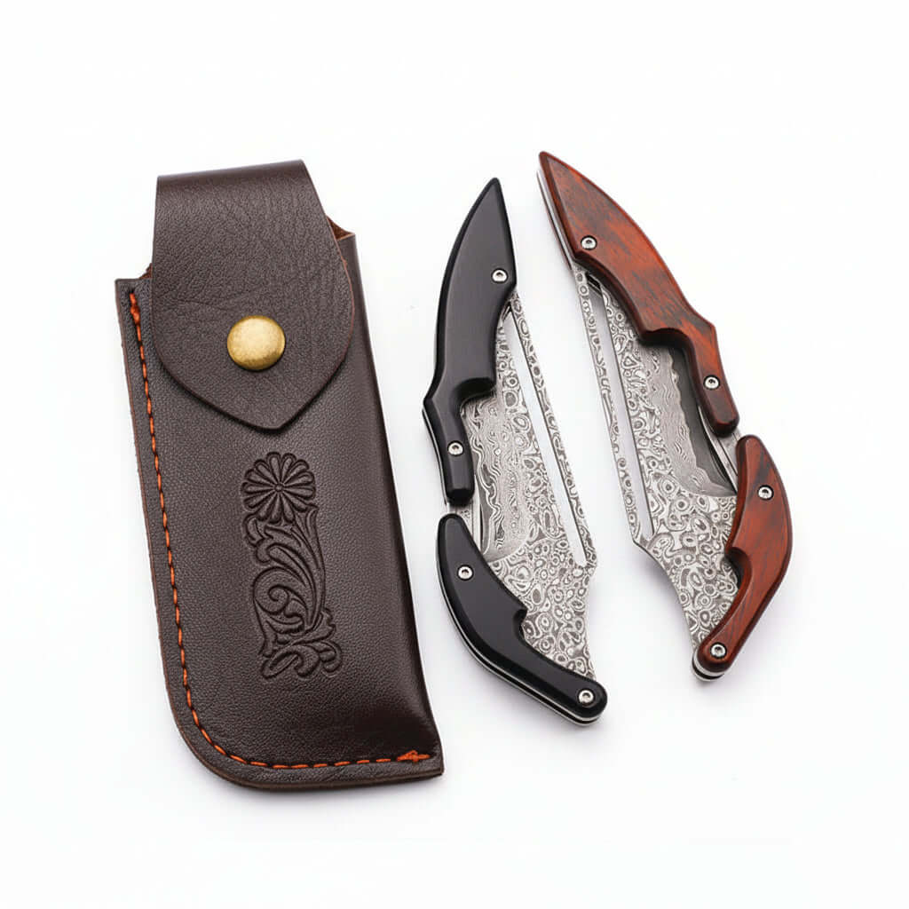 Damascus steel folding pocket knife with a two-tone rosewood and blackwood handle for everyday carry — view 5