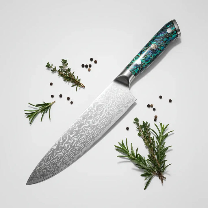 Damascus chef knife with abalone handle Shell Ergonomic Handle