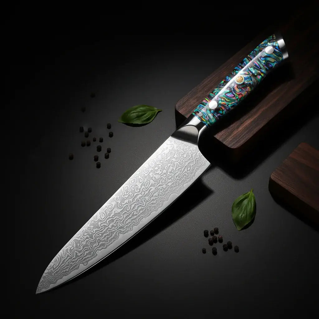 Damascus chef knife with abalone handle Shell Ergonomic Handle