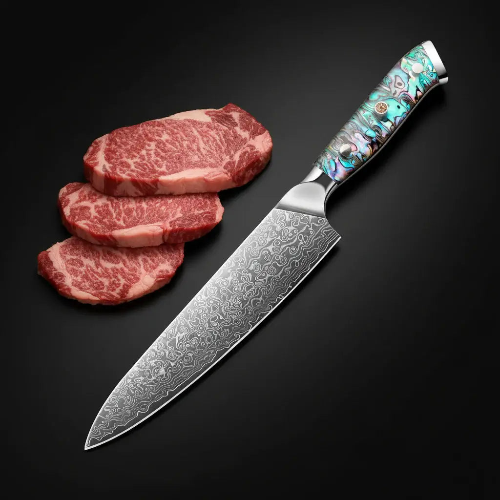 Damascus chef knife with abalone handle Shell Ergonomic Handle