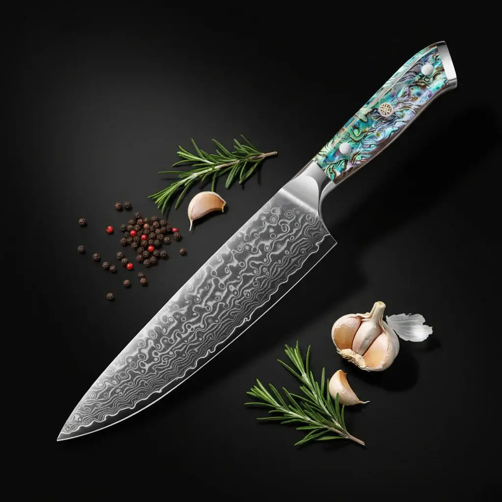 Damascus chef knife with abalone handle Shell Ergonomic Handle