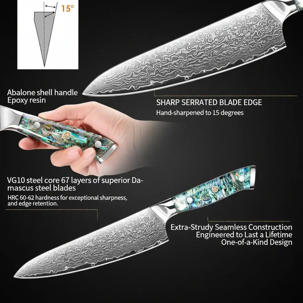 Damascus chef knife with abalone handle Shell Ergonomic Handle