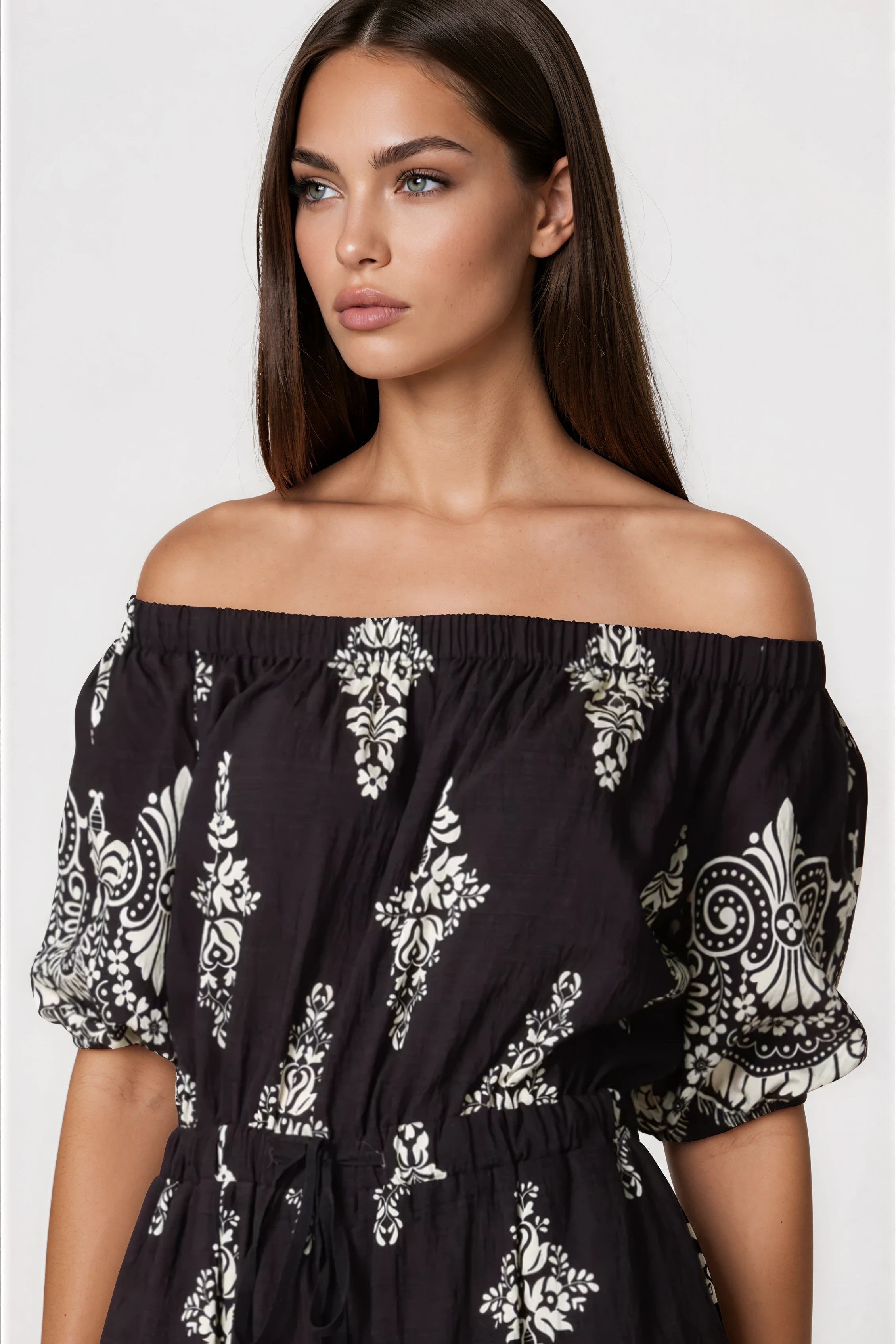 Black Bardot wide leg jumpsuit with damask print, short sleeves, and an elasticated tie waist — view 2