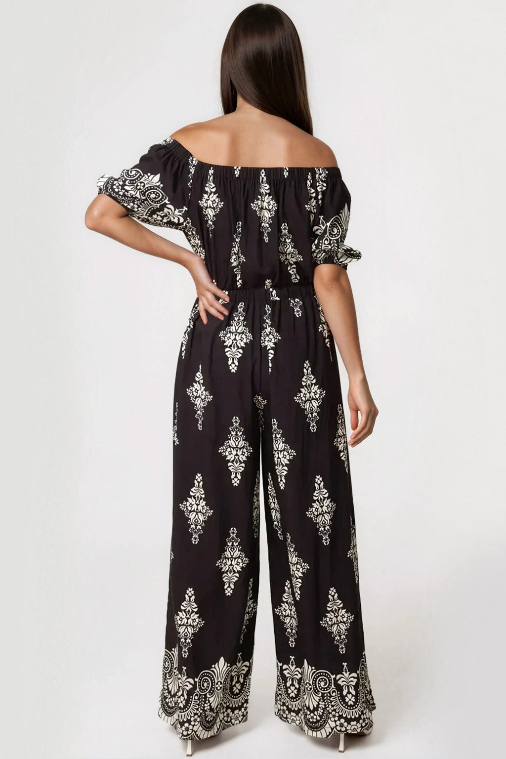 Black Bardot wide leg jumpsuit with damask print, short sleeves, and an elasticated tie waist — view 3