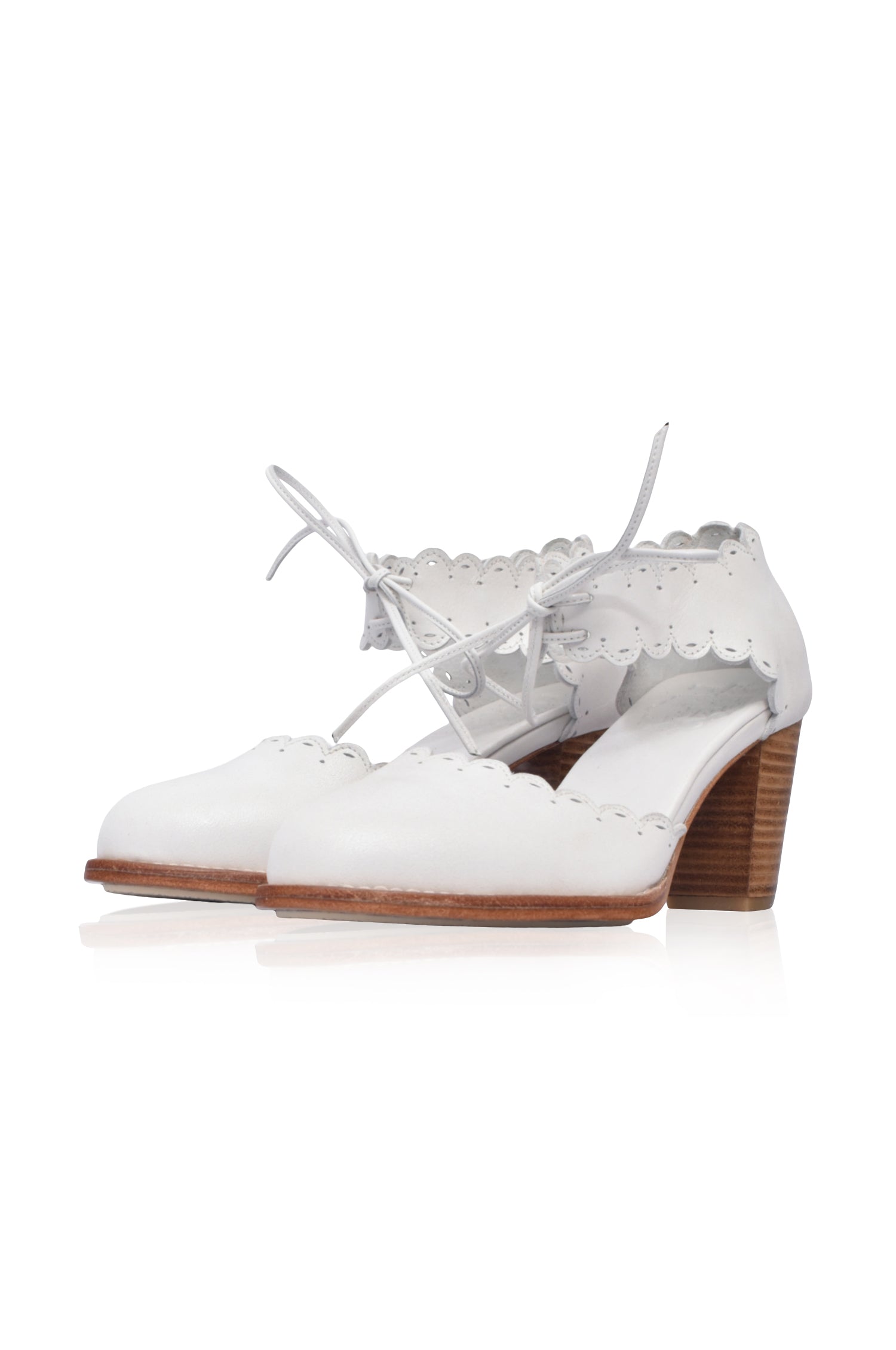 White genuine leather heels with scalloped edges, cut-outs, and a chunky wooden heel. — view 5