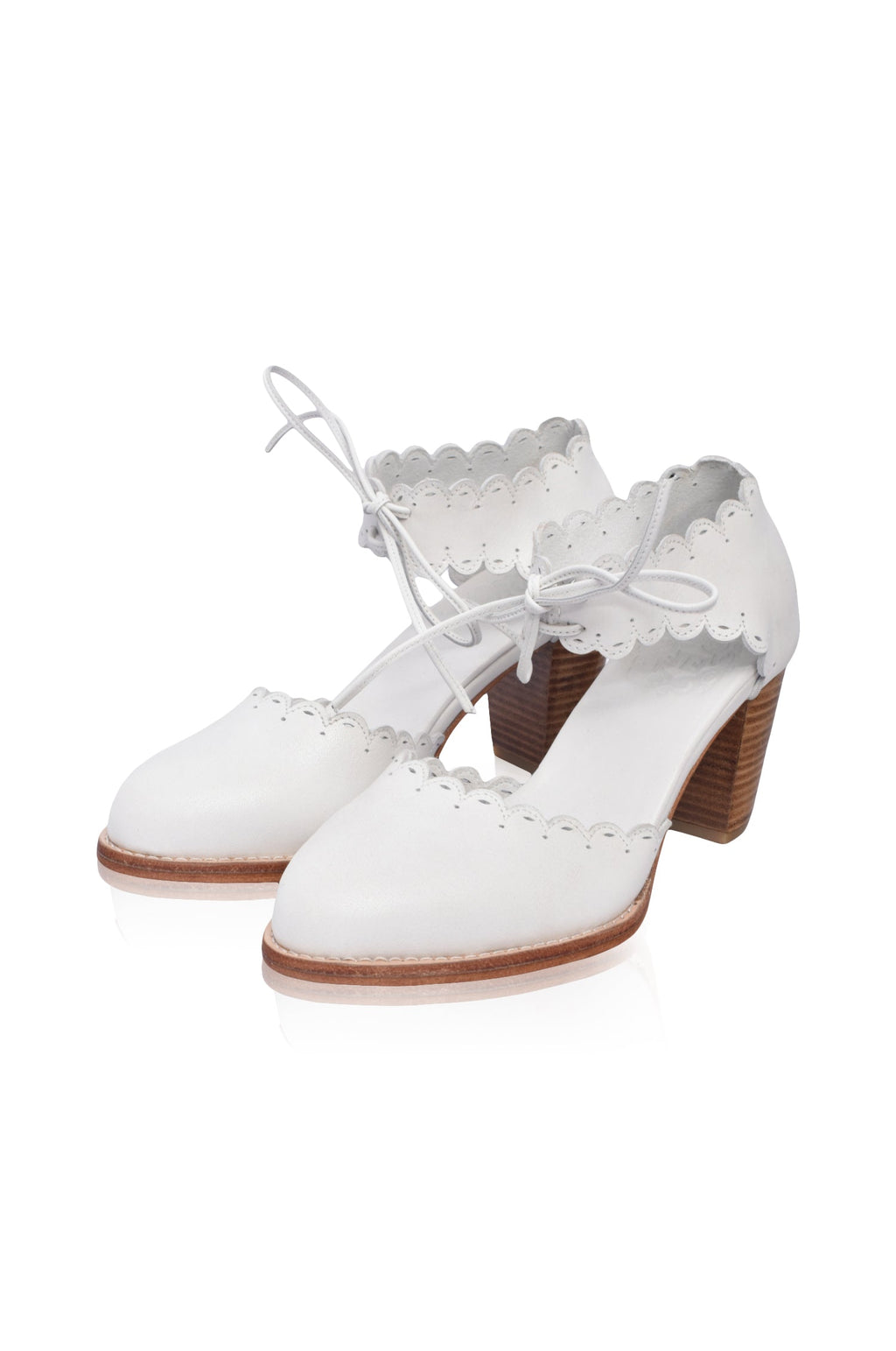 White genuine leather heels with scalloped edges, cut-outs, and a chunky wooden heel. — view 4