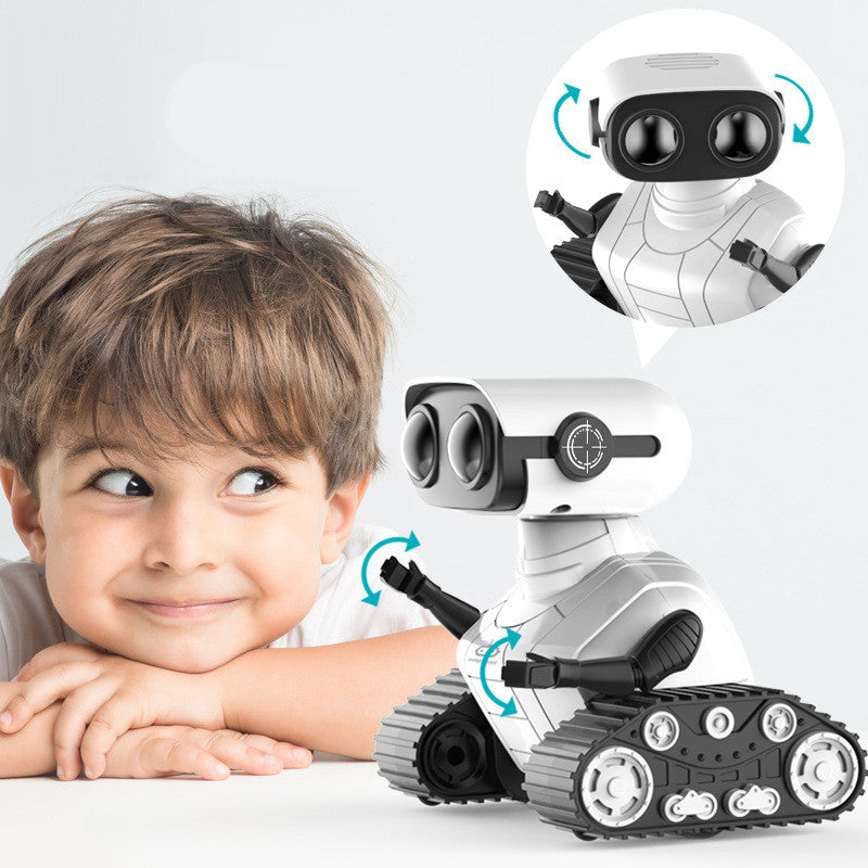 White dancing RC robot toy with remote control, featuring interactive sound and light capabilities.