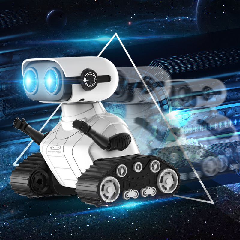 White dancing RC robot toy with remote control, featuring interactive sound and light capabilities. — view 2