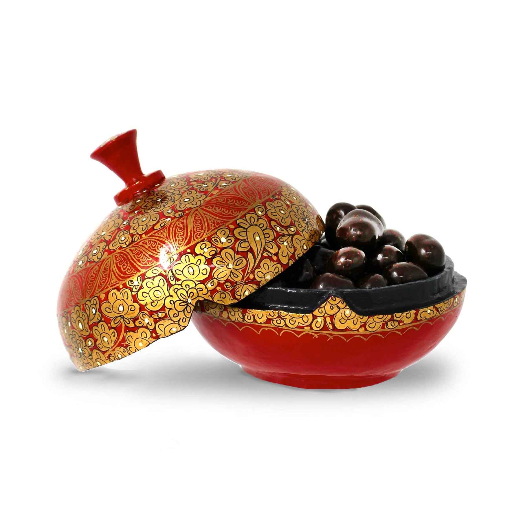 Dark chocolate ginger bonbonnière in a beautifully hand-painted colourful papier mâché decorative keepsake box