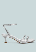 Deacon faux leather strappy sandals with kitten heel, open square toe, and delicate ankle strap