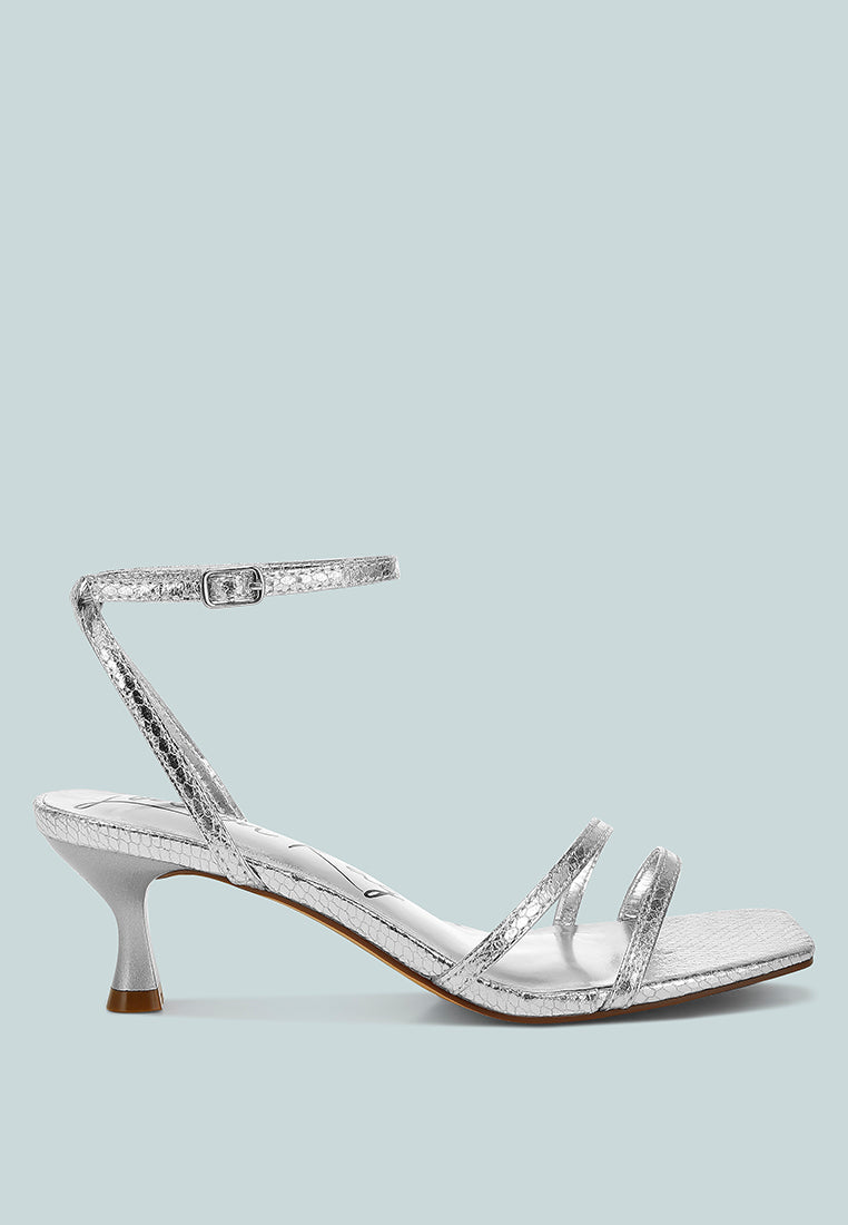 Deacon faux leather strappy sandals with kitten heel, open square toe, and delicate ankle strap