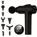 Handheld deep tissue massage gun in black with nine interchangeable attachment heads for muscle recovery